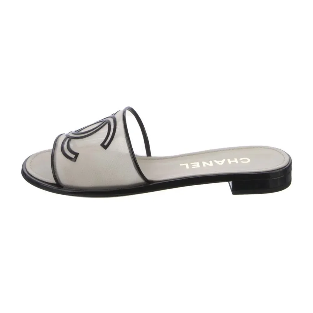 CHANEL Black and Cream Slide Sandals